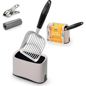 Heavy Duty Full Metal  Litter Scoop with Holder - Speed Sifter Litter Box Scooper Captures All Clumps - Kitty Litter Sifting Shovel Comfy Handle -  Scooper Includes Litter Bags  Non-Slide Clip