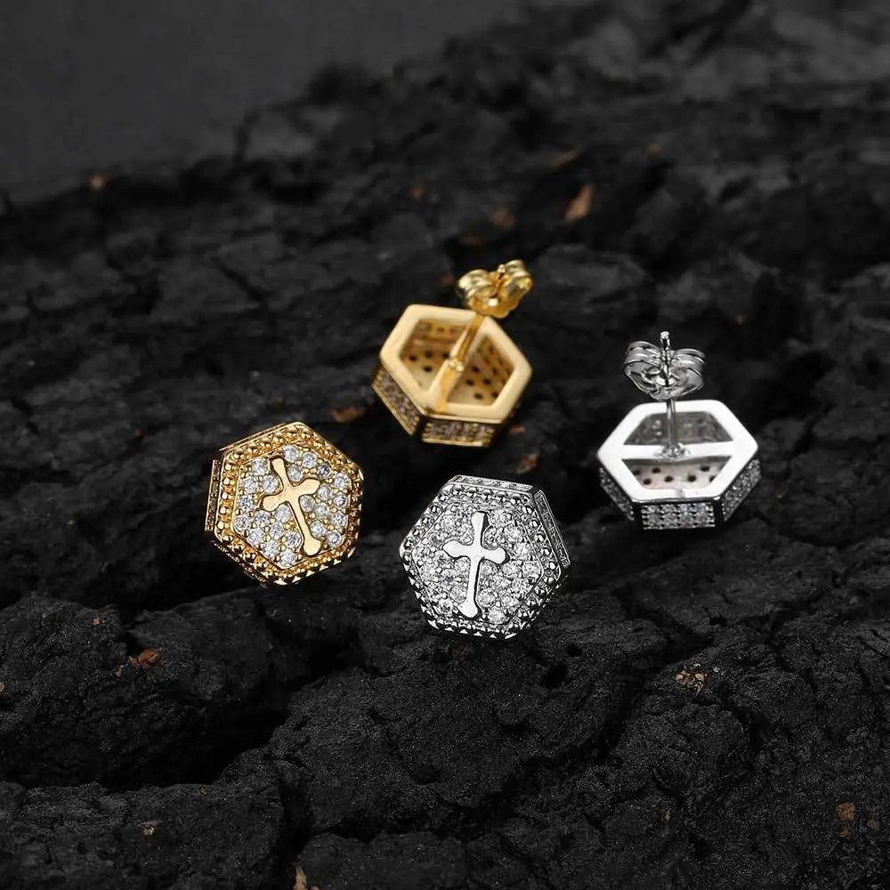 Unisex Hexagonal Cross Zircon Earrings, Hipster Vibe Artificial Gemstone Jewelry, Wholesale Hip Hop Accessories for Men and Women
