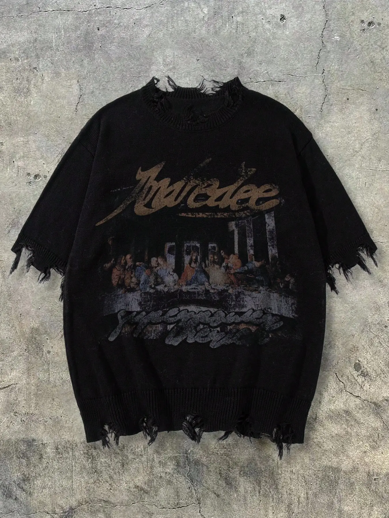 New Summer Autumn European Style Casual Dinner Portrait Pattern Band Rock Punk Ripped High Street Streetwear Trendy Fashion Loose Design Short Sleeve Knit Top
