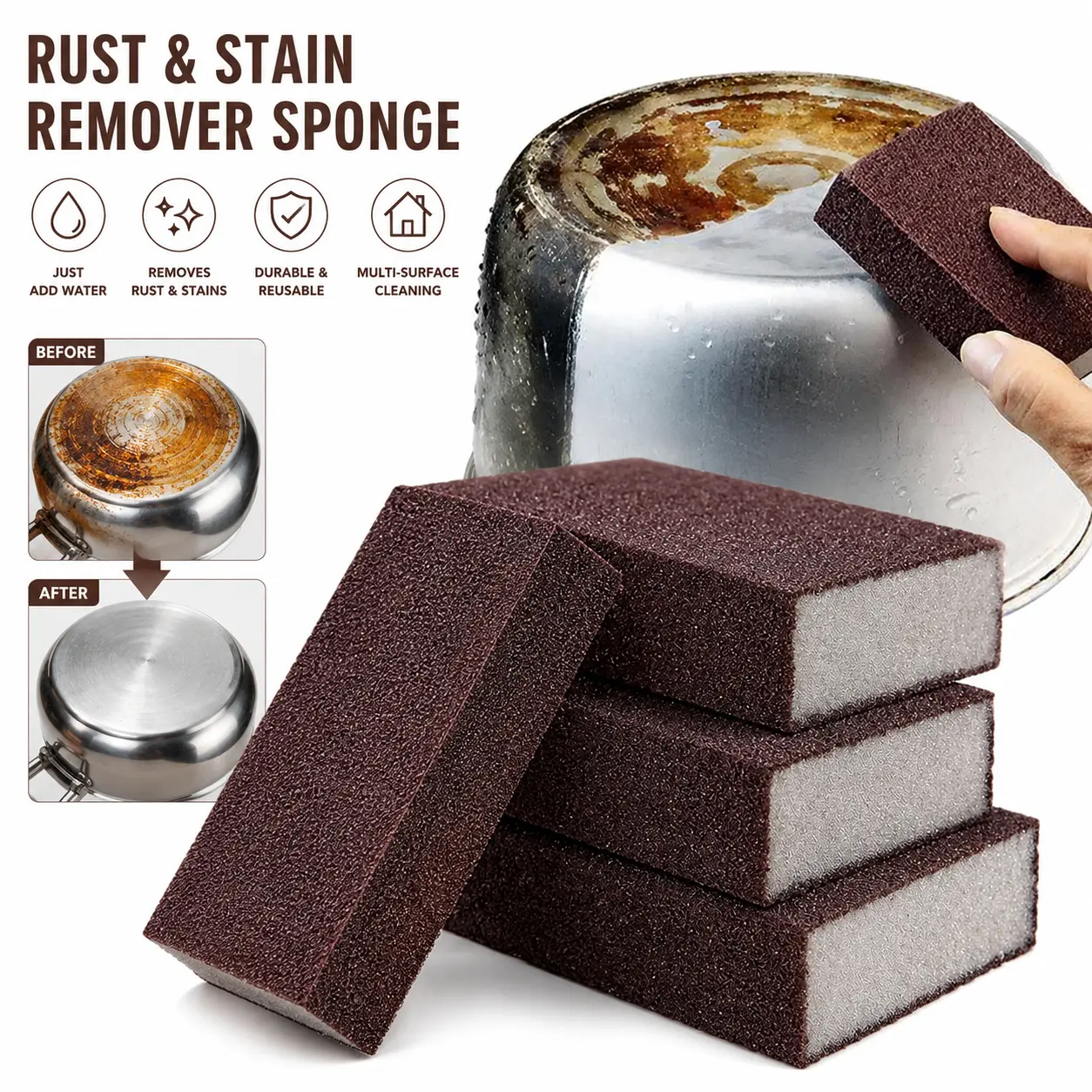 High-Density Magic Emery Cleaning Sponges, Durable & Reusable Rust Remover for Household Users - 3-6 Pack, 3pcs Option, Box-Included, Easy to Use Home Care Tool for Metal Surfaces, Kitchen Pots/Pans, Garage, Bathroom, Multiple Sponges