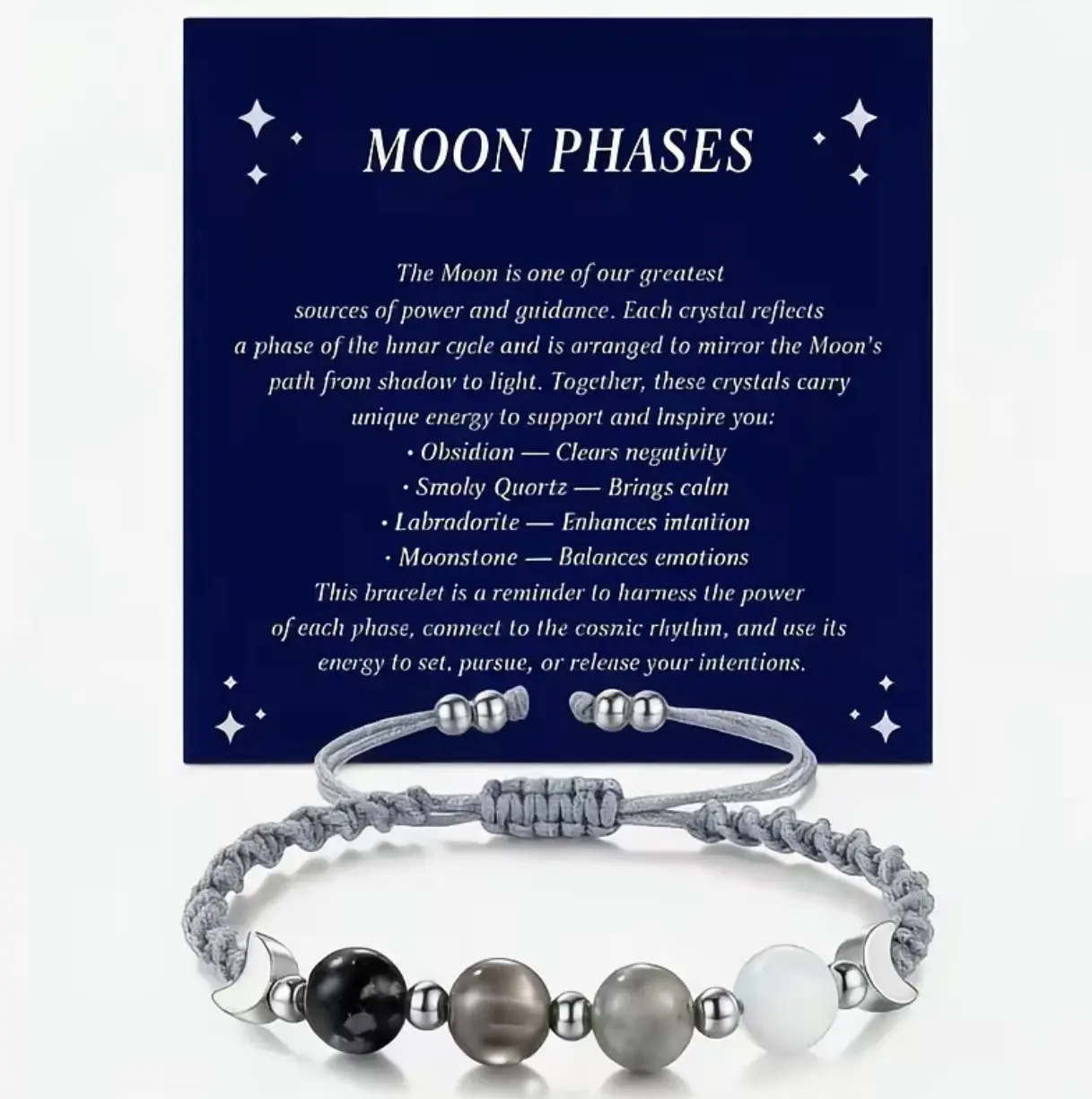 Witchy Natural Crystal Bracelet - Adjustable Soft Cord Jewelry with Obsidian, Moonstone, Labradorite, Smoky Quartz Gradient Beads, Moon Charms, 30G, for Everyday Wear, Negativity Clearing, Witchy Stuff