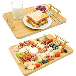 2 Pack  Serving Tray with Metal Handles, 15.8x11.4" Solid Wooden Tray for , Rectangular Decorative Tray for Ottoman, Coffee Table, Living Room, Bathroom, Party