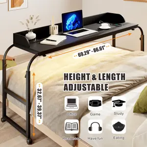 FREDEES Over Bed Desk with Auto-Sensor LED Lights,Over Bed Table with Wheels Adjustable Height with Charging Station,Beside Table,Rolling Tray Table for Laptop and Writing for Living Room,Black