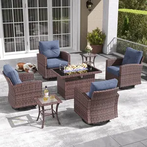 LayinSun 7-Pieces Patio Furniture Set with Swivel Chairs, Rattan Wicker Rocking Glide Chairs with 44" Propane Gas Fire Pit Table Conversation Set