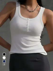 Women's Ribbed Henley Tank Top | Wide Straps Slim Fit Sleeveless Top | Casual Basic for Spring/Summer Womenswear