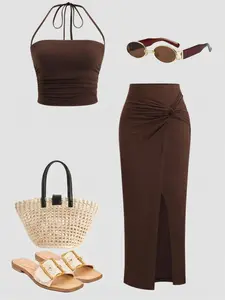 Women Sexy Backless Strapless Top & Half Skirt Set, Slim Fit Plain Design, Perfect for Casual Wear, Comfortable All-Day Style, Outfit, Womenswear