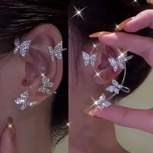 2-piece elegant vintage alloy earrings set, synthetic zircon butterfly earrings, non-pierced wrap-around earrings for women, suitable for daily and gift occasions, suitable for all seasons