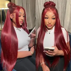 [BB Face] Burgundy 99J Lace Front Wig Straight 13x6 HD Lace Frontal Wig Human Hair For Women Pre Pluched Colored Lace Wig 180% Density