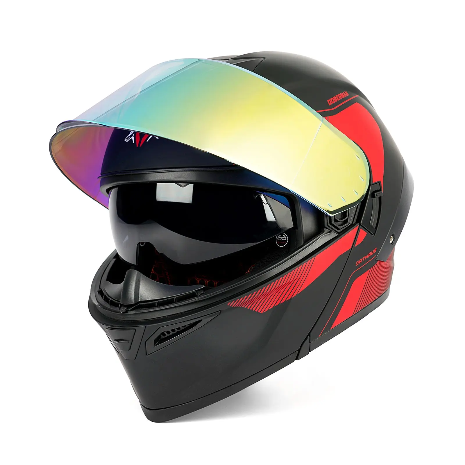 OTS Dobermann Matte Black Red Flip-Up Helmet with LED Spoiler & Chrome Visor for Enhanced Visibility DOT Approved for Safety
