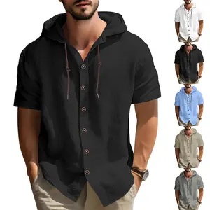 Men's Linen Short-Sleeve Hooded Button-Up Shirt - Breathable Lightweight Fabric, Streetwear Athletic Elegant Drape Summer Top for Beach Vacation, Tropical Resortwear