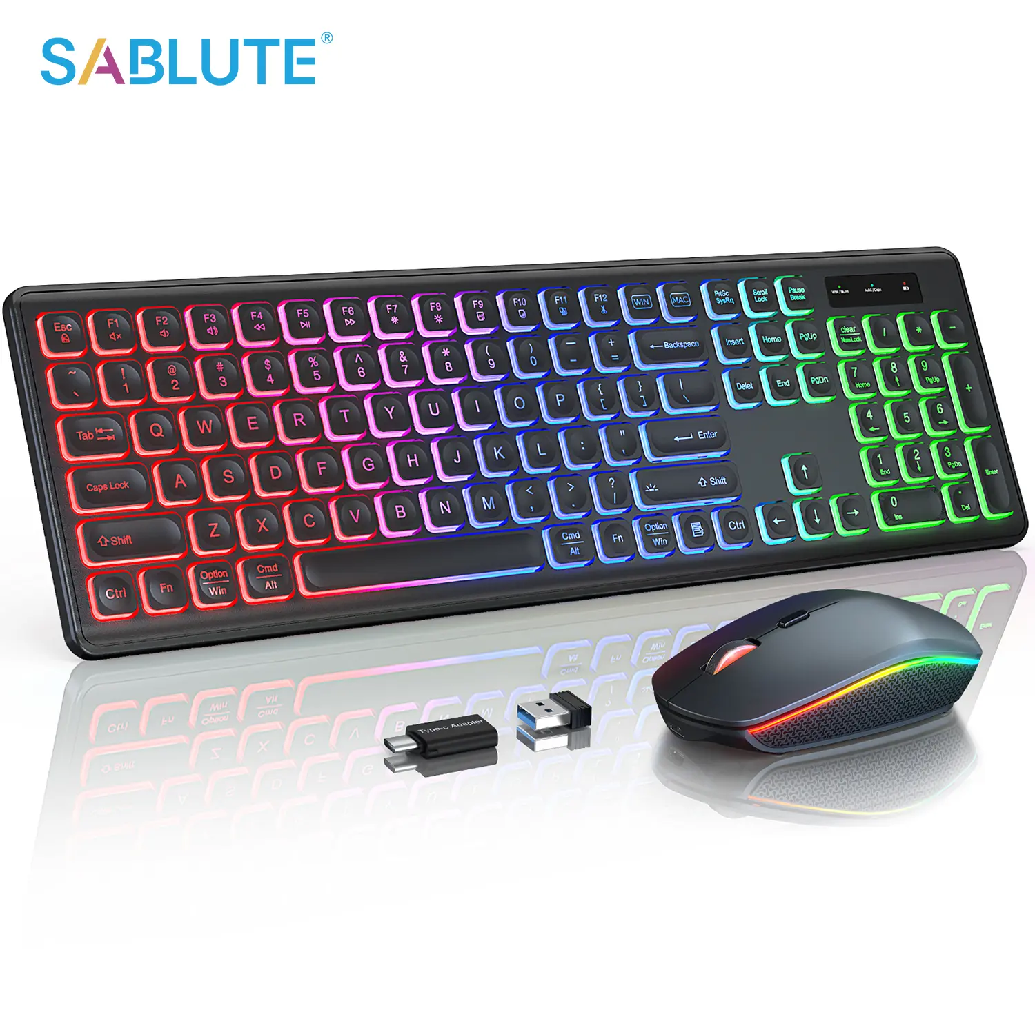 LED Wireless Keyboard and Mouse Combo - RGB Backlit, Rechargeable & Light Up Letters, Full-Size, Ergonomic Tilt Angle, Sleep Mode, 2.4GHz Quiet Set