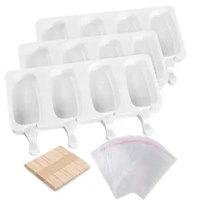 3 Pack Large Popsicle Molds 4 Cavities Cake Pop Silicone Molds Oval Ice Cream Cakesicle Molds for Homemade Ice Pop with 100 Wooden Sticks & 100 Bags