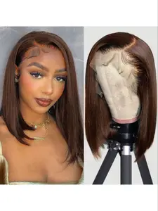 Chocolate Bob Wig, Straight HD 13x4 Lace Front Design, Human Hair Wigs, Pre Plucked Hairline Colored, Short Bob, Brazilian Straight, Natural Look, Straight Texture