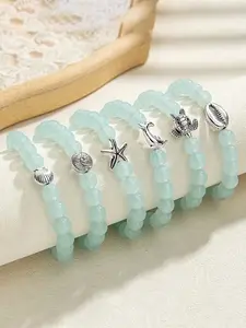 6pcs Acrylic Beaded Spring/Summer Shell Starfish Snail Dolphin Turtle Bracelet Set for Women, Bohemian Ocean Beach Style Versatile Wrist Jewelry Suitable for Daily and Party Wear