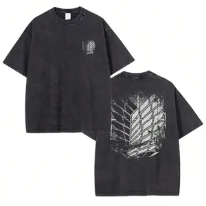 Retro washed anime T-shirt - titan A-Attack T-shirt - Manga Shingeki No Kyojin Mikasa short-sleeved shirt with retro pattern - men's pure cotton black casual jacket