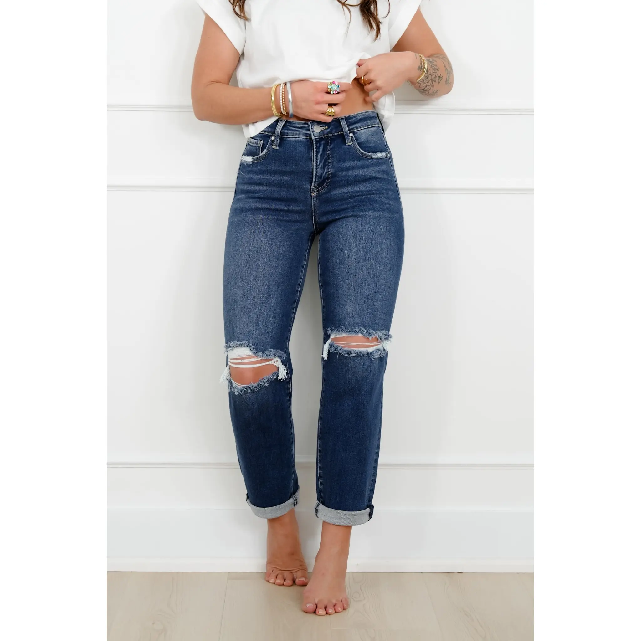 Risen High Rise Dark Wash Tummy Control Distressed Girlfriend Jeans