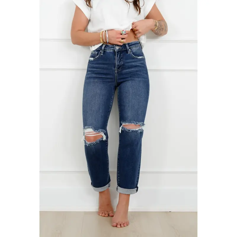 Risen High Rise Dark Wash Tummy Control Distressed Girlfriend Jeans