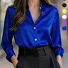 Fashionable Chic Elegant Women's Versatile Smooth Satin Fabric Long-sleeved Fitted Body Hugging Tops Button Blouse Shirts for Commuting Womenswear Tops