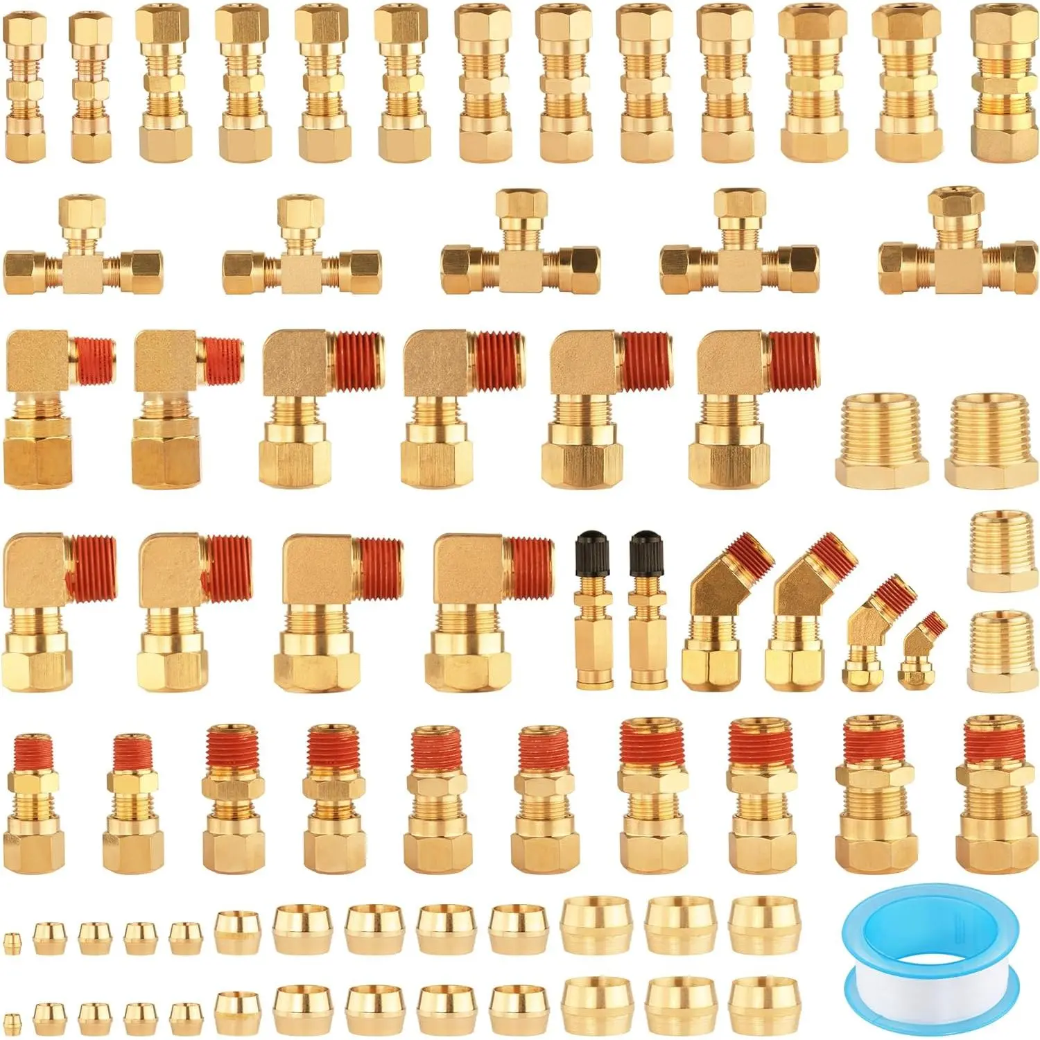 74 count DOT Air  Line Fittings,Brass Compression Air Nylon Tubing Fittings Assortment Kits 1/4" 1/8" 3/8" 1/2" 5/8" for Industrial Use or