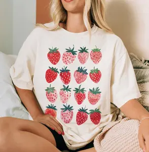 Women's Cute Strawberry T-Shirt, Cottagecore Berries Tshirt, Strawberry Botanical Shirt, Strawberry Aesthetic Shirt, Gift For Girlfriend, Full Color
