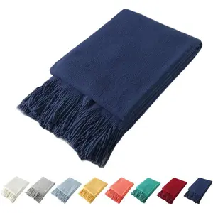 Decorative Knitted Throw Blanket with Fringe Soft & Cozy Tassel Blanket for Couch Sofa Bed (Navy Blue, 50x60)