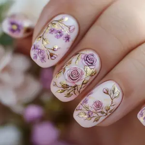 CurvLife Royal Rose 3D Floral Press On Nails – Elegant Pink Rose with Gold Foil Accents, Handmade Embossed Design for a Luxurious Look, Easy to Apply and Remove, Long-Lasting Adhesive, Perfect for Weddings, Parties, Special Events, and Daily Glam Style