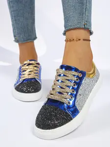 Women's Low Top Board Shoes with Colorblock Sequins, Sparkly Patchwork, Anti-Slip Durable, Streetwear Casual Sneakers for Daily Use