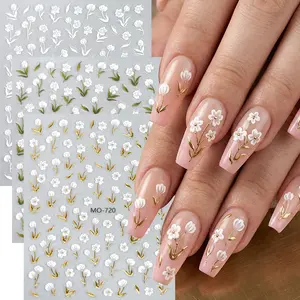 Spring Gold Leaf Tulip Nail Art Stickers, 3D Nail Decals, Embossed Nail Decorations, 3 Pieces, Nail Art Decorations DIY Manicure Supplies
