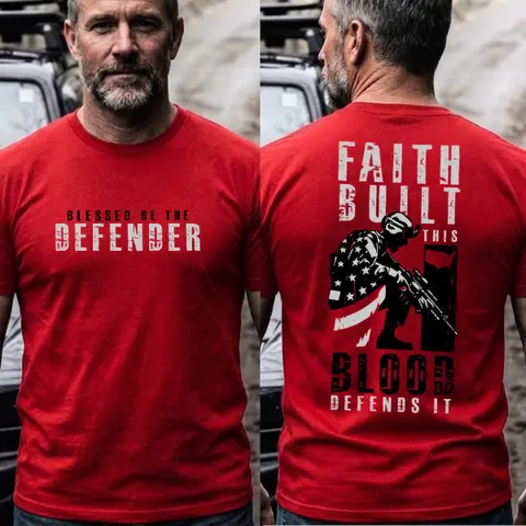 Blessed Be The Defender Shirt Faith Built This Blood Defends It Shirt Christian Patriot Military Veteran Graphic Tee Mens Red T-Shirt