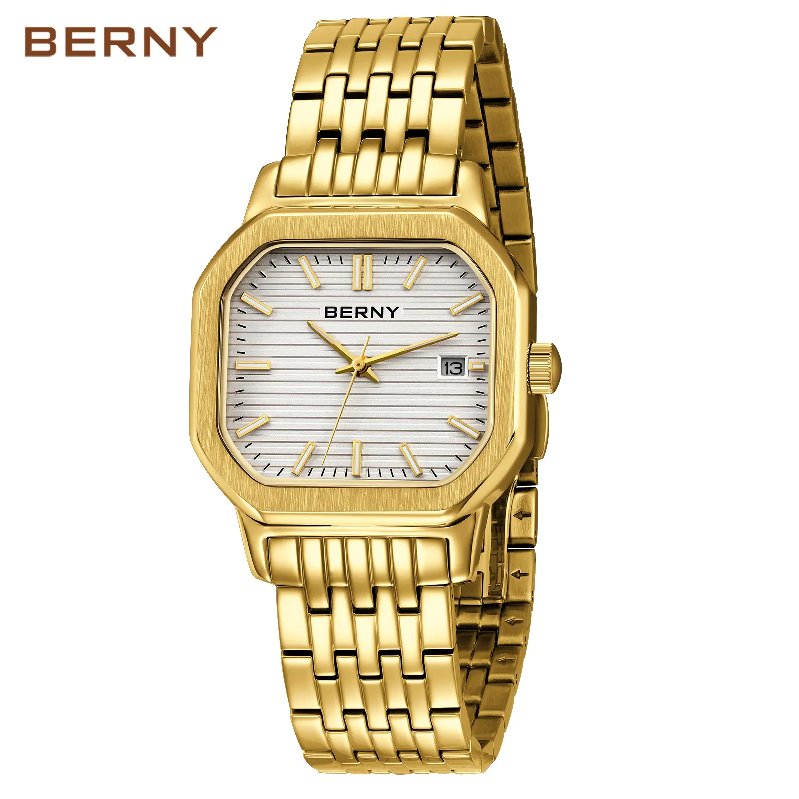 BERNY Men's Gold Stainless Steel Watch - Vintage-Style Square Quartz Wristwatch, 30M Water Resistant, Super Luminous, Elegant Gift for Him, Perfect for All Occasions, Reloj de Hombre, Father's Day, Summer Accessory