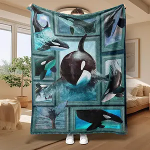 Orca Pattern Blanket, Soft Comfortable Warm Throw, Air Conditioned Room Blanket, Warm Nap Blanket for Home Office Travel
