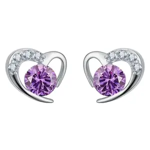 Heart-Shaped Studs Earrings with Purple and Clear Stones S925