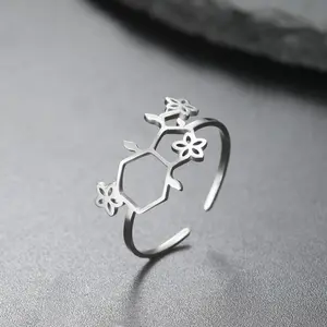 1pc 5-Hydroxytryptamine Molecular Formula Ring Serotonin Molecule And Flower Design Stainless Steel Men'S Molecular Flower Ring Science Jewelry Chemistry Teacher Molecular Gift Couple Ring Science Enthusiast Gift Ideal for Everyday Wear And Gift Giv