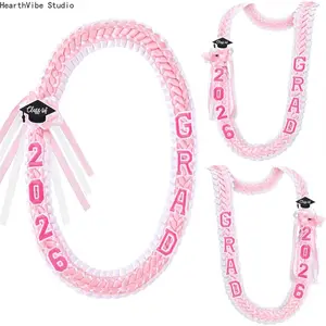 2026 Graduation Leis 1 Pcs Grad Ribbon Double Braided Necklace with Graduation Cap 2026 GRAD Patches Handmade Leis Accessories Gifts for Graduates Senior College Students Daughter Son Friends for Graduation