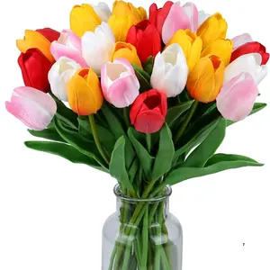 Fake Flowers Tulips Artificial Flower 15pcs Real Touch PU 14" for Spring Easter Home Kitchen Wedding Bouquet Bulk Mother's Gift Day Decorations(Assorted Colors,5)