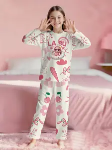 LADUDU Pink Fun 2-piece set: girls' digital printed long-sleeved pajamas with extended pants, made of flame-retardant fabric. A stylish, trendy, casual, comfortable and soft pajama set, suitable for sleeping and home leisure. 100% polyester, suitable for
