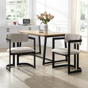 Upholstered Dining Chairs Set of 2, Fabric Armchairs with Beige Seating Metal Frame, 265 LBS Weight Capacity