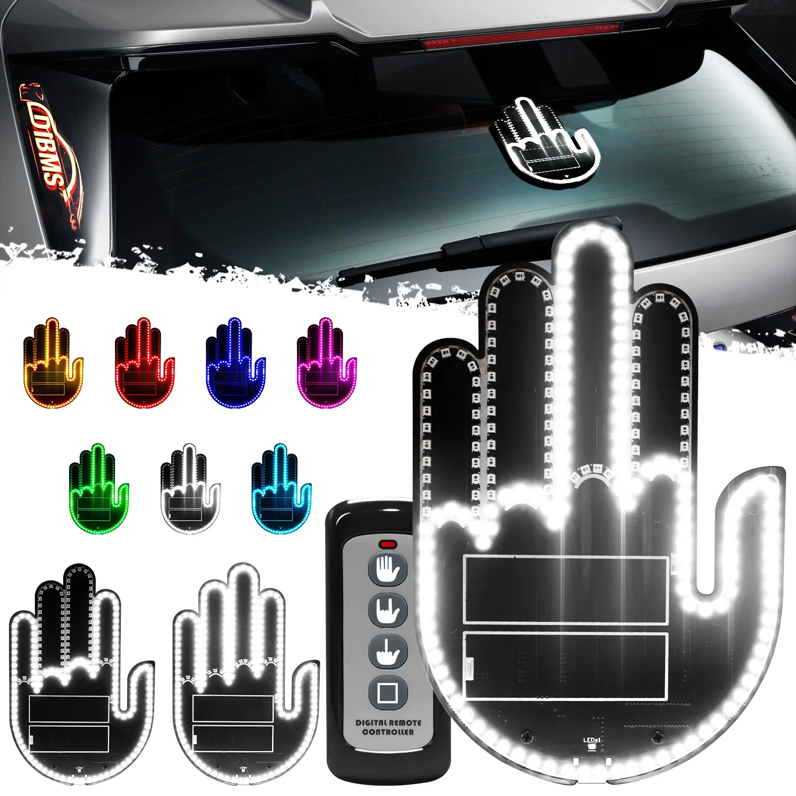 DIBMS High Brightness Car Gesture Light, new center finger light for car rear windows, road rage LED sign with remote control, illuminated gesture lig