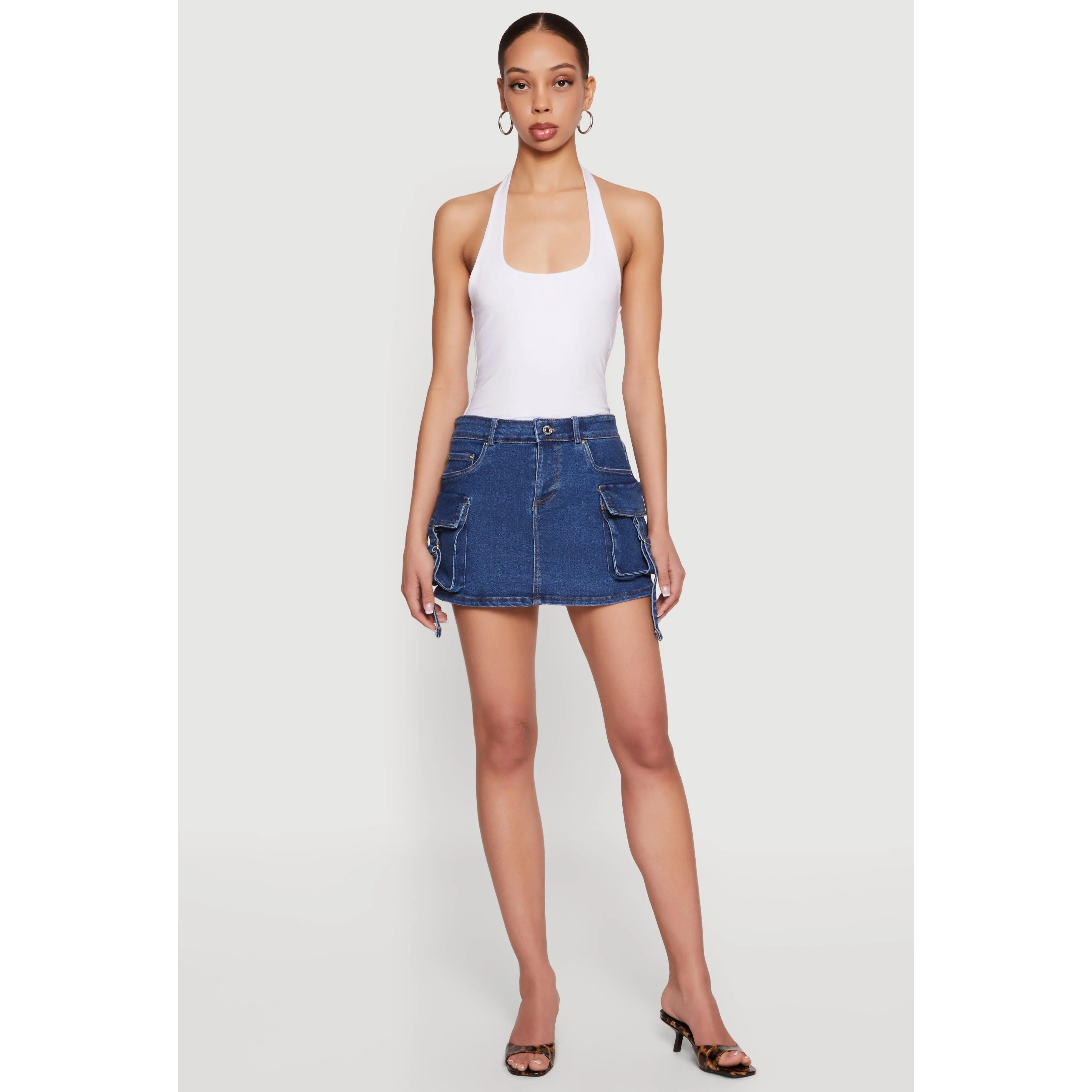 Mini Cargo Pocket Denim Skirt with Buckles