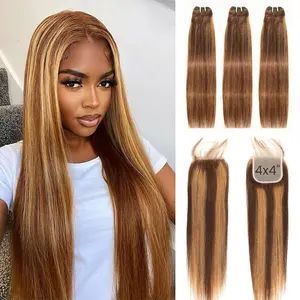 ALHER Double Drawn Honey Blonde 3 Bundles with 4x4 HD Lace Closure 13A Virgin Human Hair Body Wave, Blonde and Brown Ombre Highlight Thick Raw Virgin Bundles With 5x5 Closure Large Space Free Part Highlight Ombre P4/27 Colored Straight Weave 1/3 Bundles