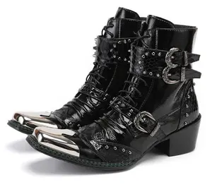 Men's Rock Heeled Dress Boots - Metal Tip Rivet Punk Lace Zip Boot Boy Comfort Walking Shoes Footwear