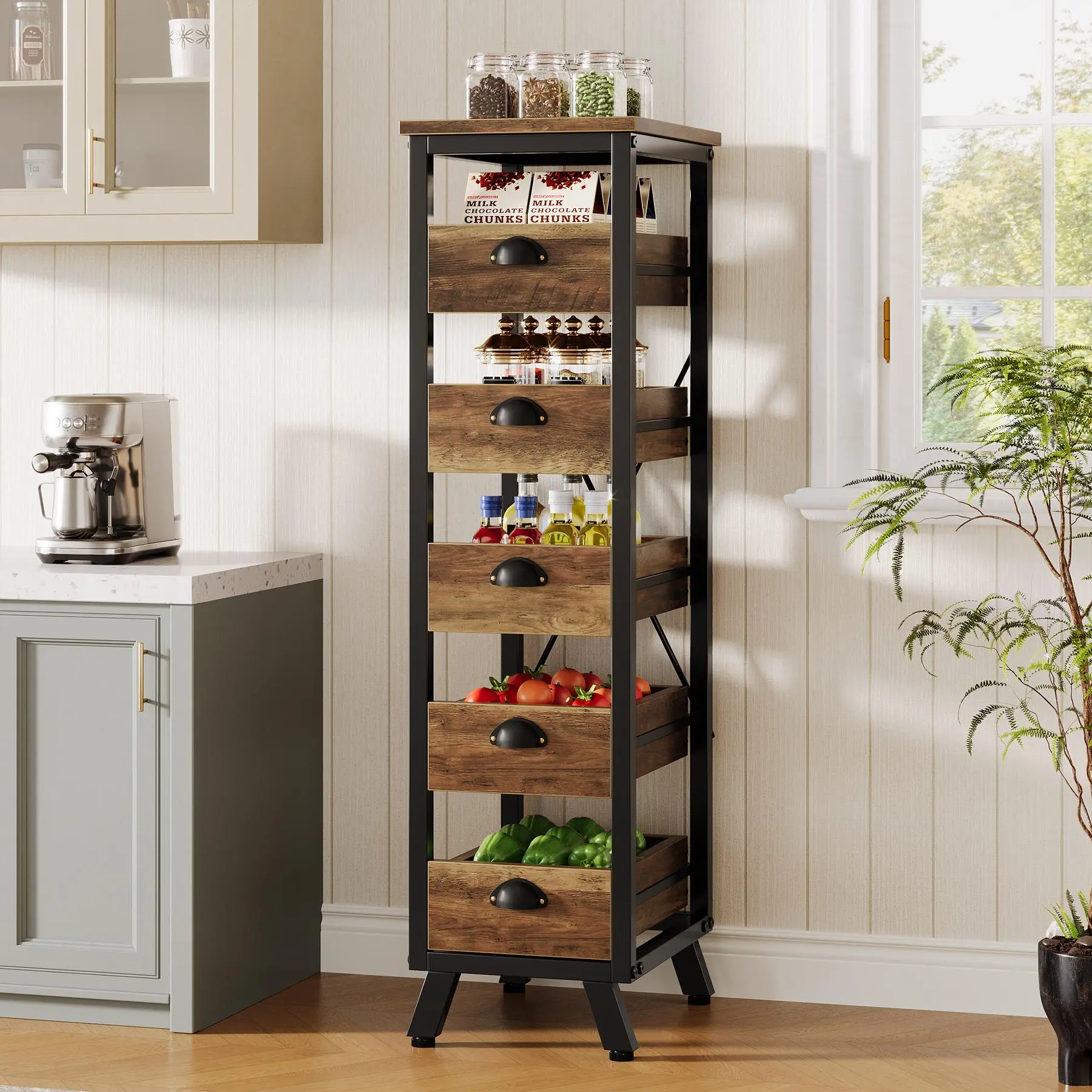 TRIBEWOOD Durable Wooden MDF Narrow 5-Layer Tower - 5-Drawer Pull-Out Organizer with Metal Accents, Wipeclean Surface, Vertical Stack, Easy Assembly and Maintenance, 15 lbs per Drawer, Food Safety Kitchen Storage Rack