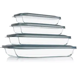 KOMUEE 8 Pieces Glass Baking Dish with Lids Rectangular Glass Baking Pan Bakeware Set with Lids, Baking Pans for Lasagna, Leftovers, Cooking, Kitchen, Fridge-to-Oven, Gray