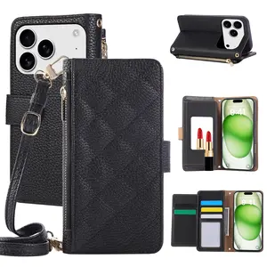 Magnetic Flip Case for iPhone Models 13-17 Series, Wallet Design with Mirror & Lanyard, Shockproof Protective Cover for Women