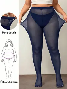 Plus Size Navy Blue Ultra-Thin Mesh Full-Length Socks — High Elasticity, Seamless, High-Waisted, Anti-Snag, Sheer Base Layer for Curvy Figures