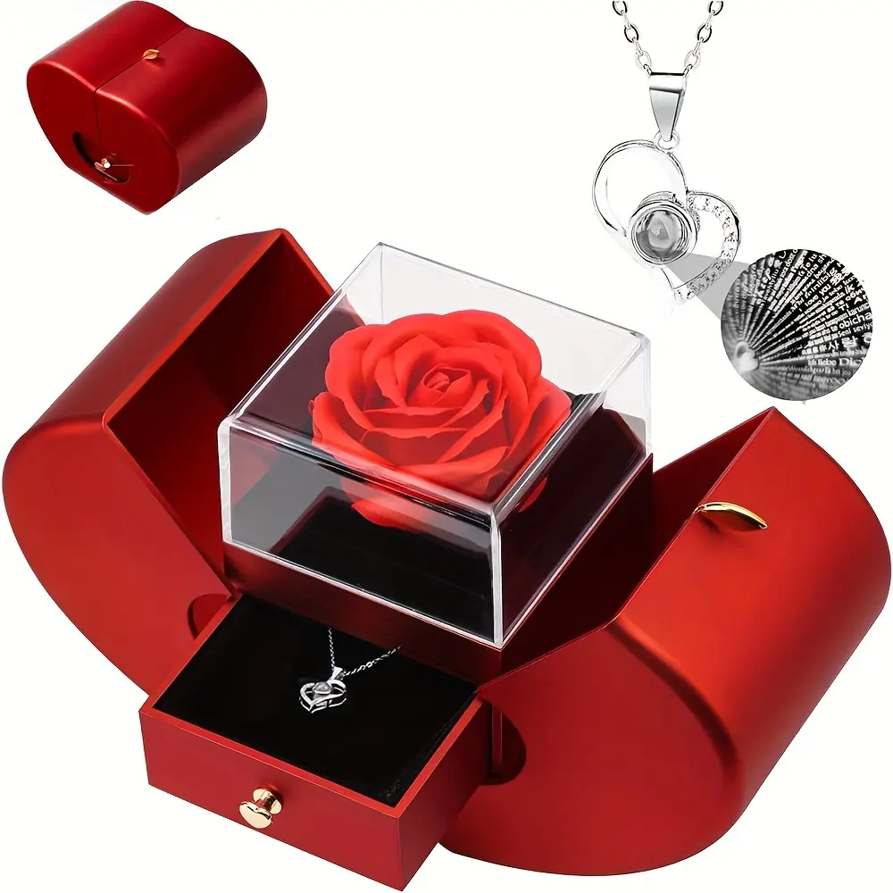 Preserved Real Cyan Rose Gift with I Love You in 100 Languages Necklace, Cute Gifts for Girlfriend, Women, Mom, Wife, Gifts Idea on Christmas, Valentine'S Day, Birthday, Mother'S Day Pendant Box funny gift bridal shower gift