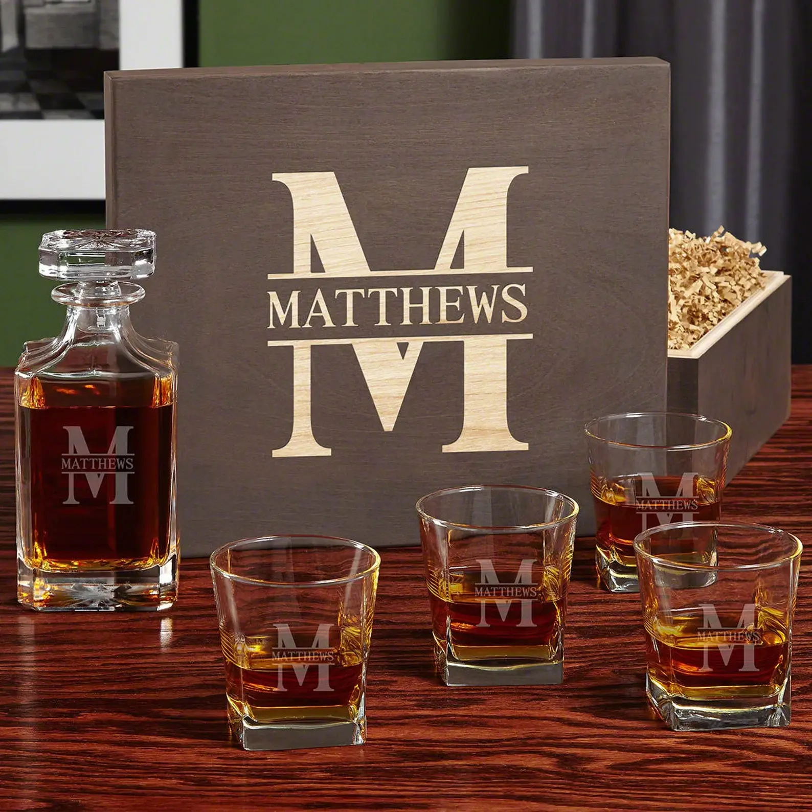 Personalized Liquor Decanter and Glasses for Whiskey
