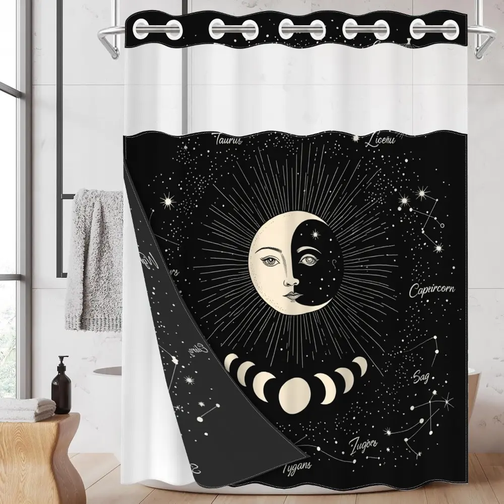 1pc hookless shower curtain with buckle lining, black background with star and moon design, 2D flat printing, waterproof fabric lining, see-through double-layer shower curtain, 71 x 74 inches, Printed shower curtain