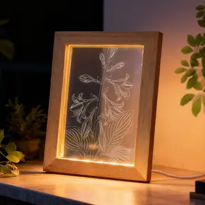 LIVEKEY Hosta Floral Wooden Photo Frame with Soft LED Glow - Minimalist Natural Decor for Plant Lovers, Indoor Christmas Decoration, LED Light