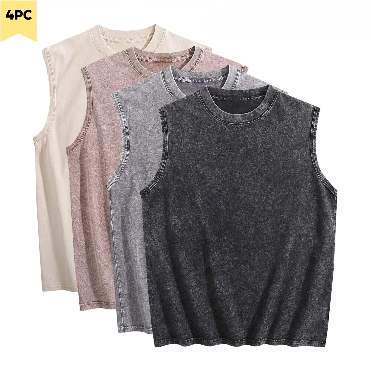 4 Pack Unisex Vintage Tank Tops, Oversized Acid Washed Heavy Cotton Classic Crew Neck Streetwear for Layering, Tank Top, Plain, Menswear, Flannel, Vests, Fabric, Sleeveless